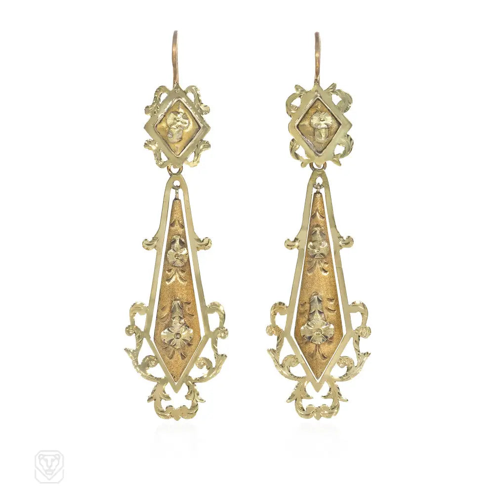 Ladies diamond earrings-Antique gold foliate pendant earrings