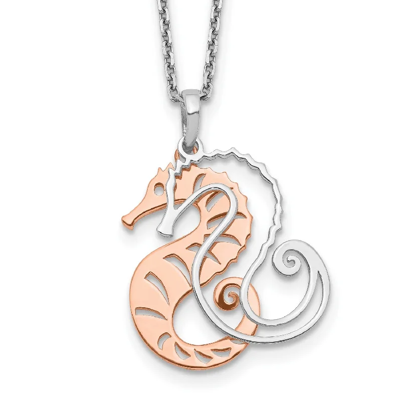 Ladies boho necklaces-Sterling Silver 18-inch Two-Tone Seahorse Necklace