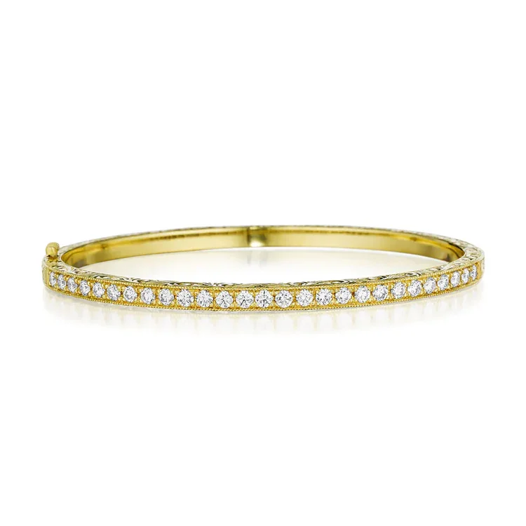 Ladies sterling silver bangles-1.35ct Diamond Pave Engraved Bangle in 18K Yellow Gold