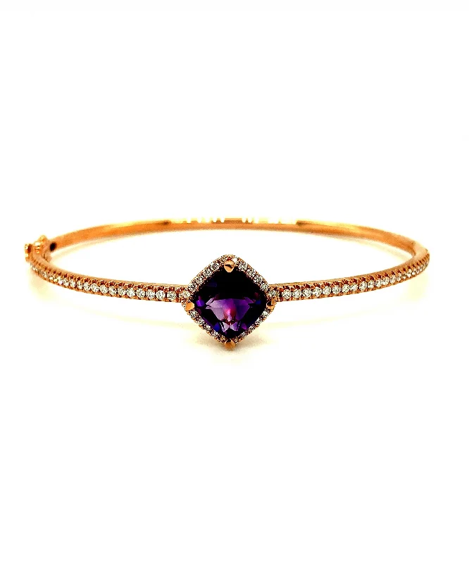 Ladies elegant cuff bracelets-Amethyst Cushion Bangle with Diamonds 284-JSA