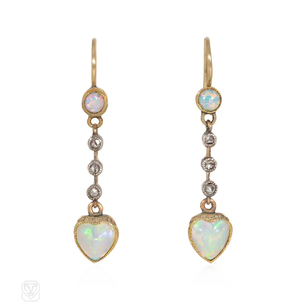 Ladies large hoop earrings-Antique opal heart pendant earrings