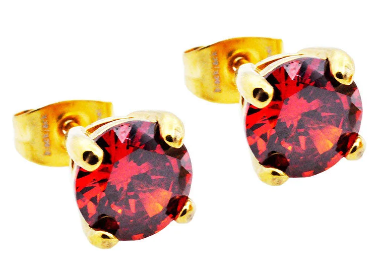 Ladies long earrings-Mens 7mm Gold Stainless Steel Stud Earrings With Red Cubic Zirconia