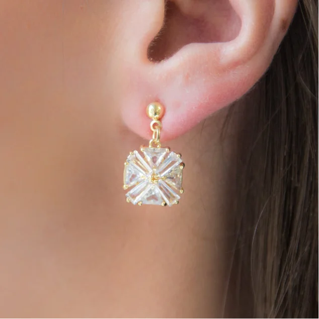 Ladies teardrop earrings-DRAMA - 18K Gold & CZ Geometric Crystal Gold Plated Earrings