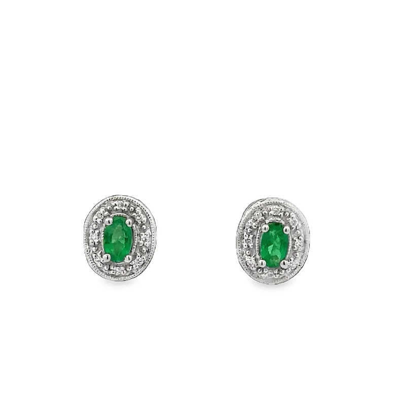 Ladies custom gemstone earrings-Emerald and Diamond Stud Earrings in White Gold