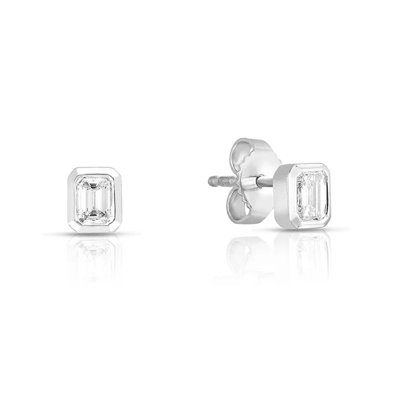 Ladies gold earrings-18K white gold bezel set emerald cut diamond stud earrings