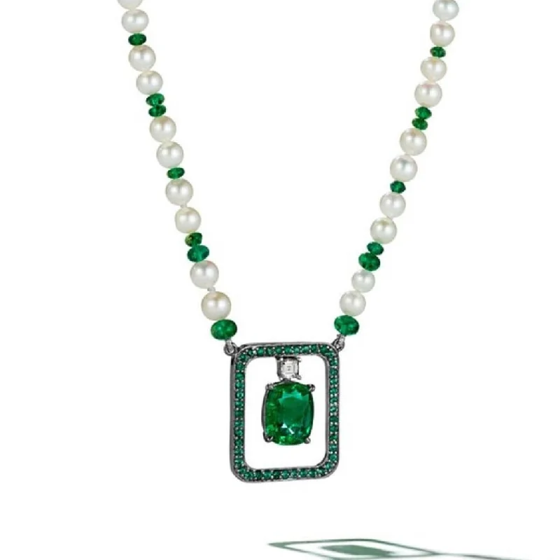 Ladies flower-shaped necklaces-Piece Swing Emerald, Pearl & Carré Cut Diamond Necklace