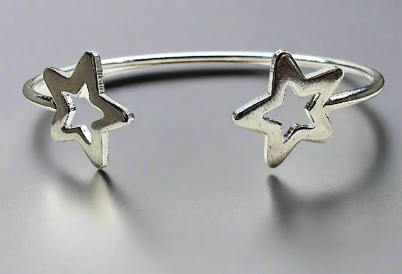 Ladies textured bangles-Sterling Silver Two Star Cuff Bangle