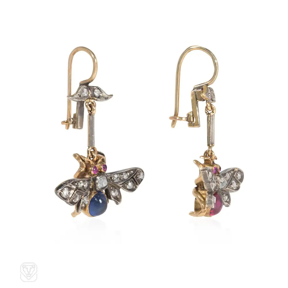 Ladies gold-plated earrings-Antique gemset insect earrings