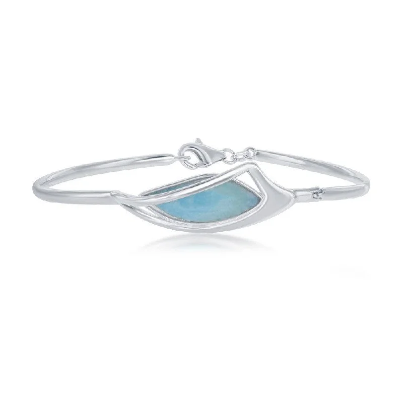 Ladies engraved bracelets-Sterling Silver Marquise Shaped Larimar Bangle