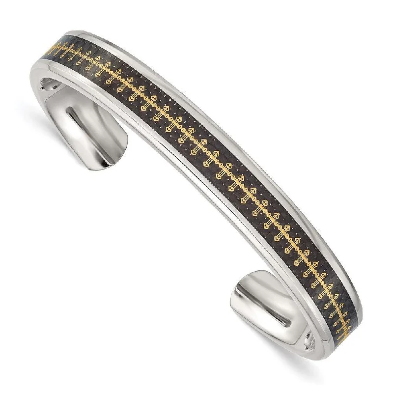 Ladies elastic bracelets-Stainless Steel Polished Carbon Fiber Inlay/Yellow IP-plated Cross Bangle