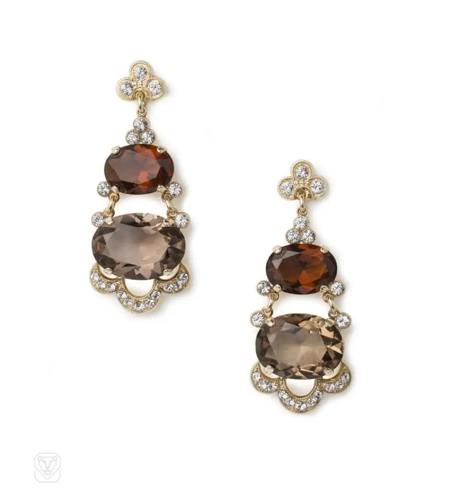 Ladies vintage gold earrings-2-stone smoky quartz and Swarovski crystal earrings