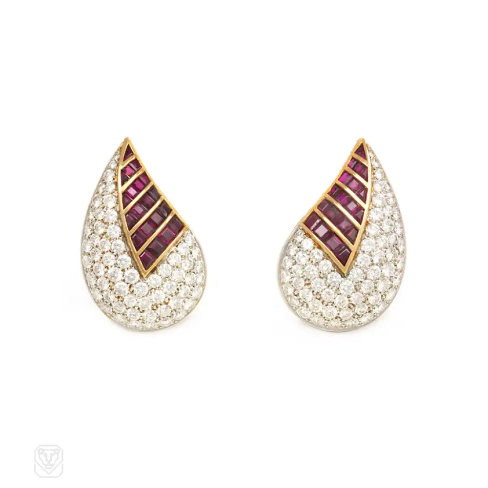 Ladies ear cuffs-Fasano estate gold, pavé diamond and ruby earrings