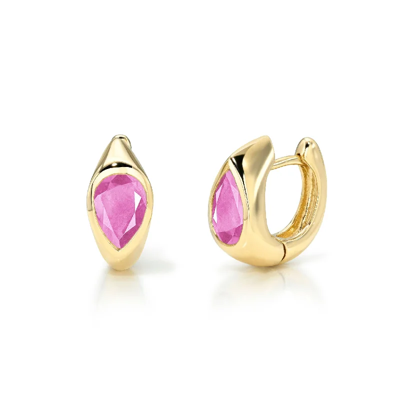 Ladies gold leaf earrings-Pink Sapphire Reverse Pear Huggies | Ready to Ship