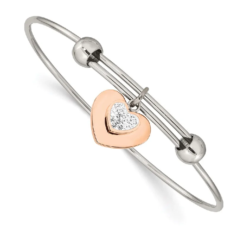 Ladies gemstone bangles-Stainless Steel Polished Rose IP-plated w/Preciosa Crystal Hearts Bangle