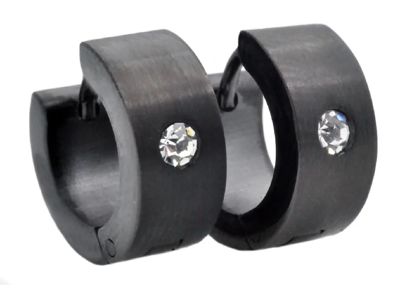 Ladies vintage earrings-Mens 14mm Black Plated Stainless Steel Hoop Earrings With Cubic Zirconia