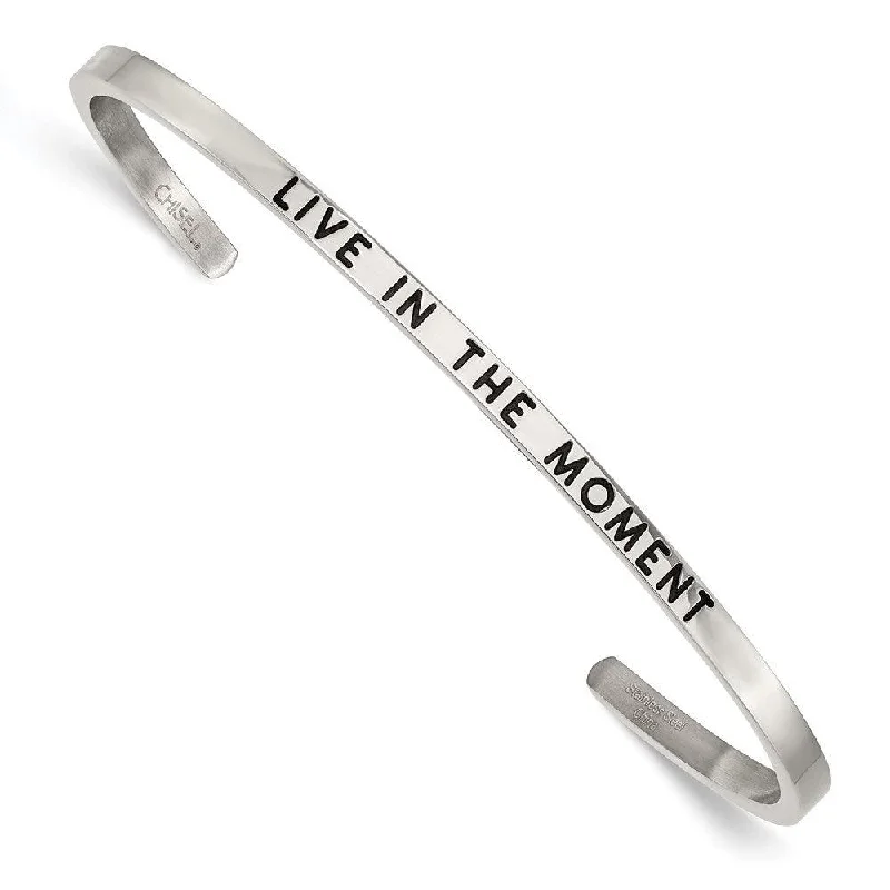 Ladies chunky bracelets-Stainless Steel Polished Enamel/Crystal IN THE MOMENT 3mm Cuff Bangle