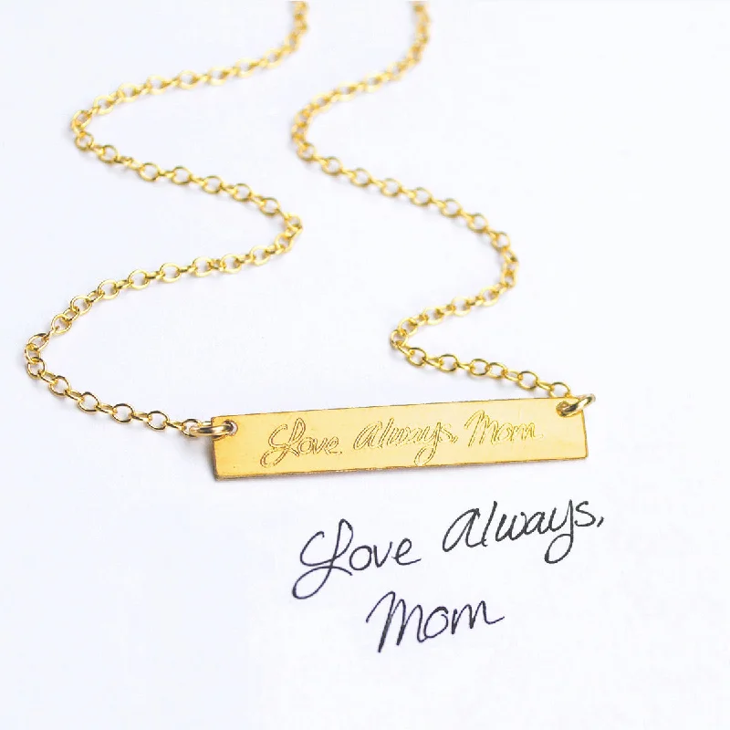 Ladies modern necklaces-Actual Handwriting Bar Necklace, Real Handwriting Jewelry, Gold Fill, Sterling Silver, Valentine's Day Gift for Women, Husband Memorial Gift for Wife