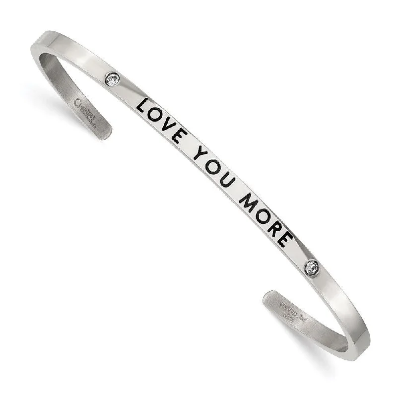 Ladies silver bangles-Stainless Steel Polished Enamel/Crystal LOVE YOU MORE 3mm Cuff Bangle