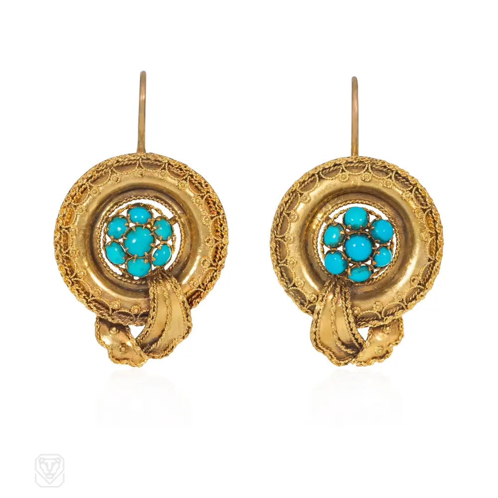 Ladies stud and hoop earrings-Victorian gold and turquoise bulla earrings