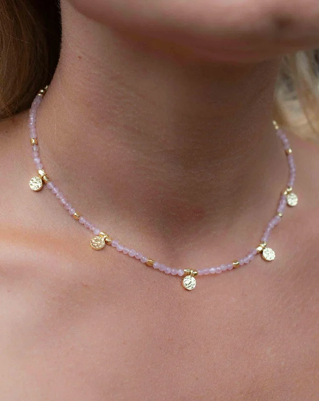 Ladies flower-shaped necklaces-Rose Quartz Necklace ~ Gold Plated 18k ~ Choker ~ MN104