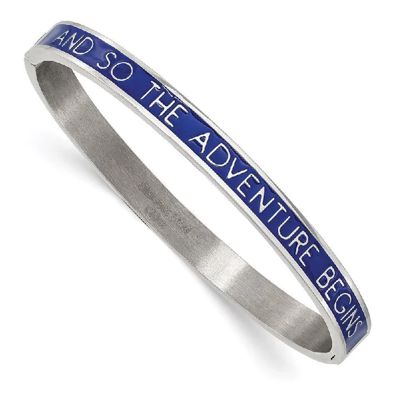 Ladies friendship bracelets-Stainless Steel Polished Blue Enamel ADVENTURE BEGINS 6mm Bangle