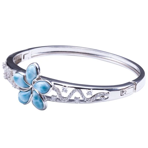 Ladies gemstone bracelets-Sterling Silver Larimar Bangle 22mm Plumeria in the Center