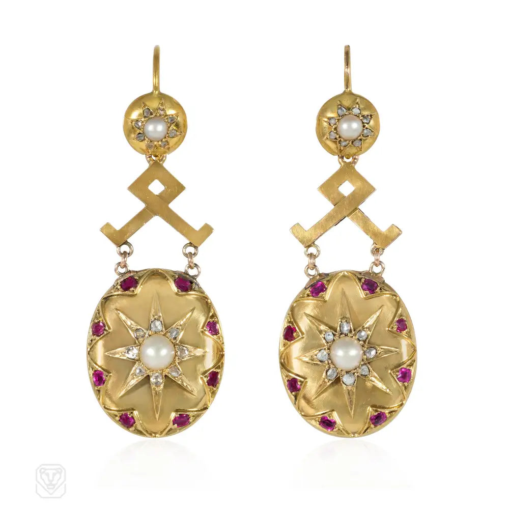 Ladies gemstone drop earrings-Antique ruby, pearl and diamond pendant earrings