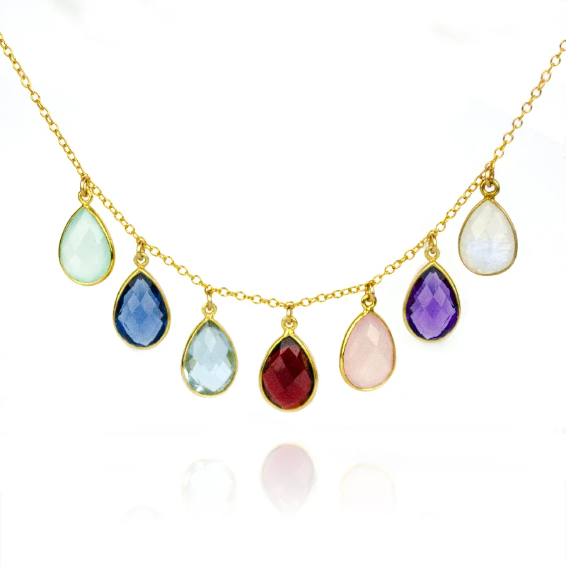 Ladies romantic necklaces-Mother's Teardrop Birthstone Collar Charm Necklace, Sterling Silver, Gold Filled, Hypoallergenic Gift for Women, Multicolor Multiple Gemstone Necklace