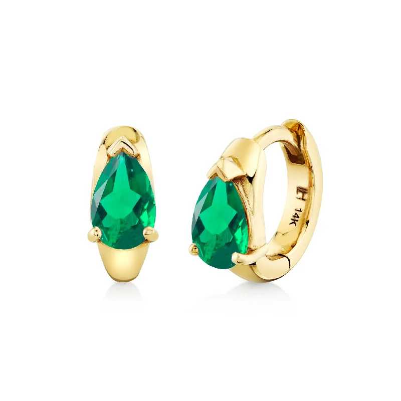 Ladies gold drop earrings-Water Drop Emerald Pear Huggies