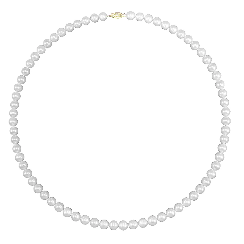 Ladies pearl and diamond necklaces-7MM Round Pearl Filigree 20-inch Necklace in 14KT Yellow Gold