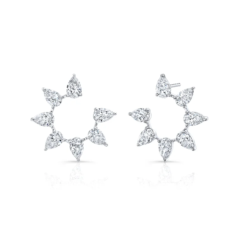 Ladies silver diamond earrings-Pear-Shaped Diamond Circle Bar Hoop Earrings in 18kt White Gold