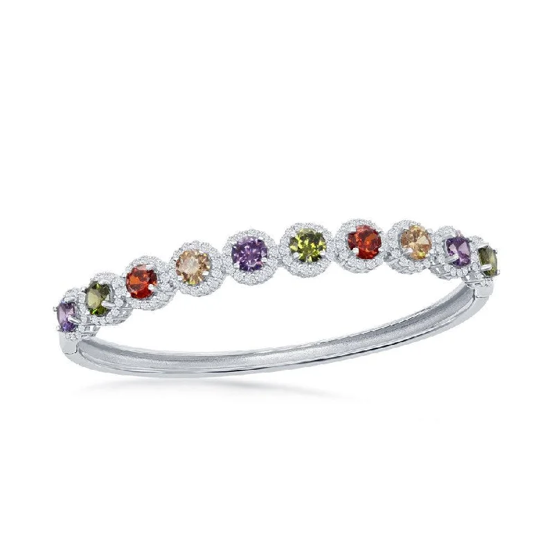 Ladies diamond bangles-Sterling Silver Halo Rainbow CZ with White CZ Border Bangle