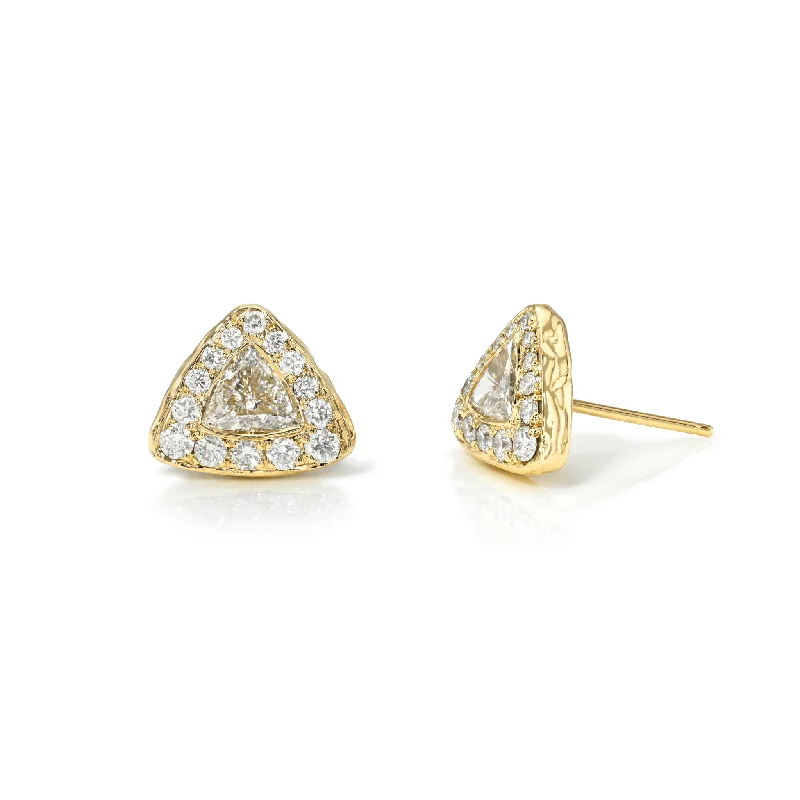 Ladies oval earrings-Pavé Halo Diamond Trillion Studs