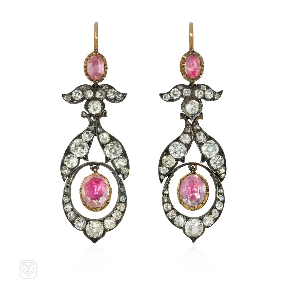 Ladies vintage gold earrings-Antique pink topaz and diamond earrings