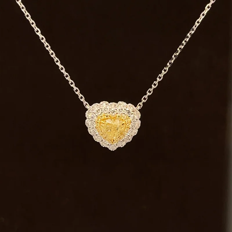 Ladies romantic necklaces-Fancy Yellow & White Diamond 0.96ctw Heart Pendant Necklace in 18k Two-Tone Gold -#403 - NLDIA068512