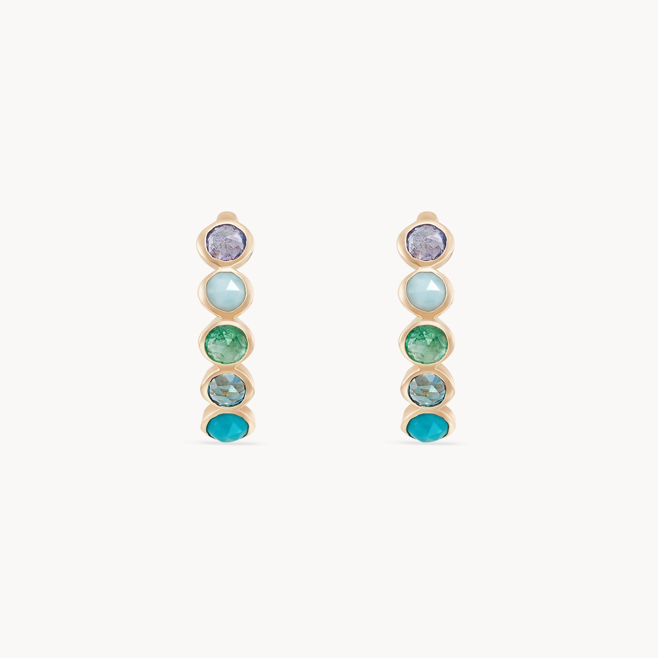 Ladies vintage earrings-coastal nomad five stone mood hoop - 14k yellow gold, tanzanite, larimar, emerald, london blue topaz, turquoise