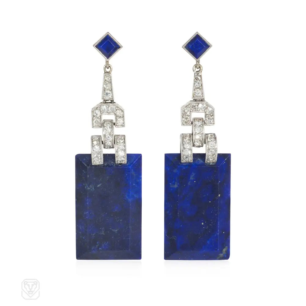 Ladies antique earrings-Art Deco lapis and diamond pendant earrings