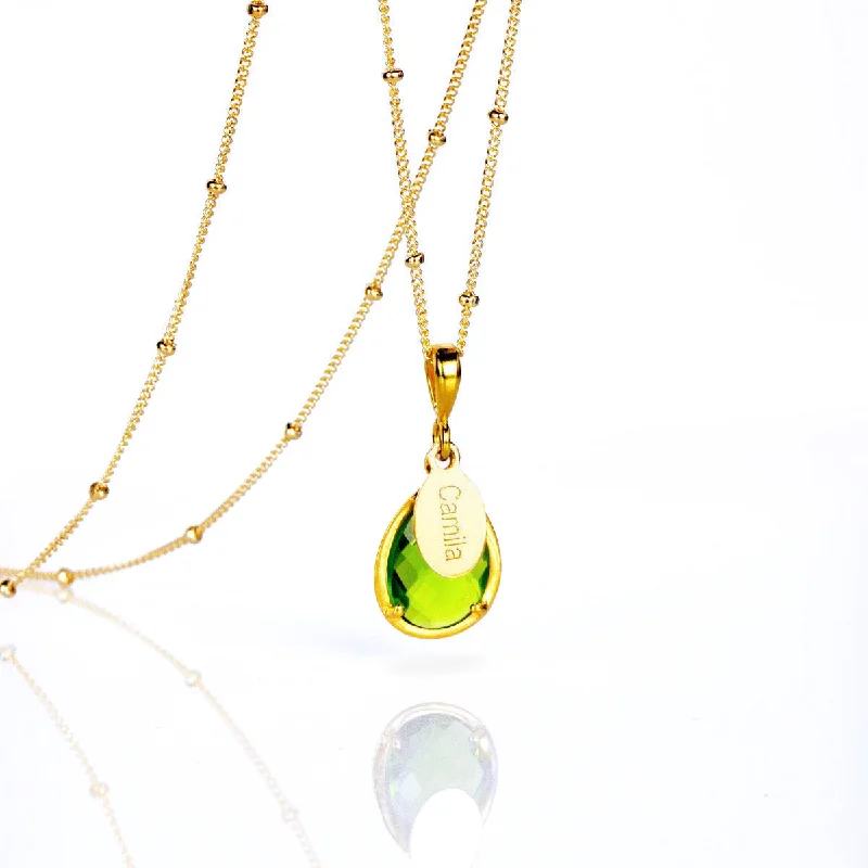 Ladies friendship necklaces-August Birthstone & Name Necklace : Peridot, 925 Sterling Silver, 14k Gold Filled, Prong Set Teardrop Necklace with Engraved Name Tag, Christmas Gift