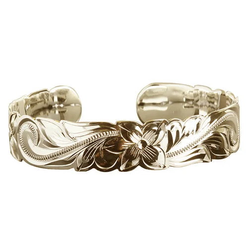 Ladies bold bangles-14K Gold Custom-Made Plumeria Scroll Cut Out Edge Cuff Bangle (Thickness 1.25mm)