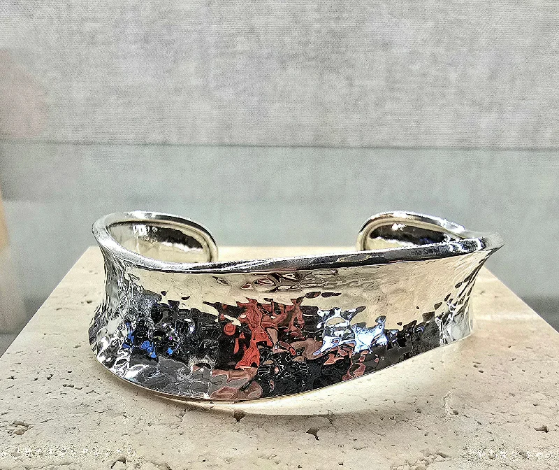 Ladies cubic zirconia bracelets-Sterling Silver Hammered Concave Cuff Bangle