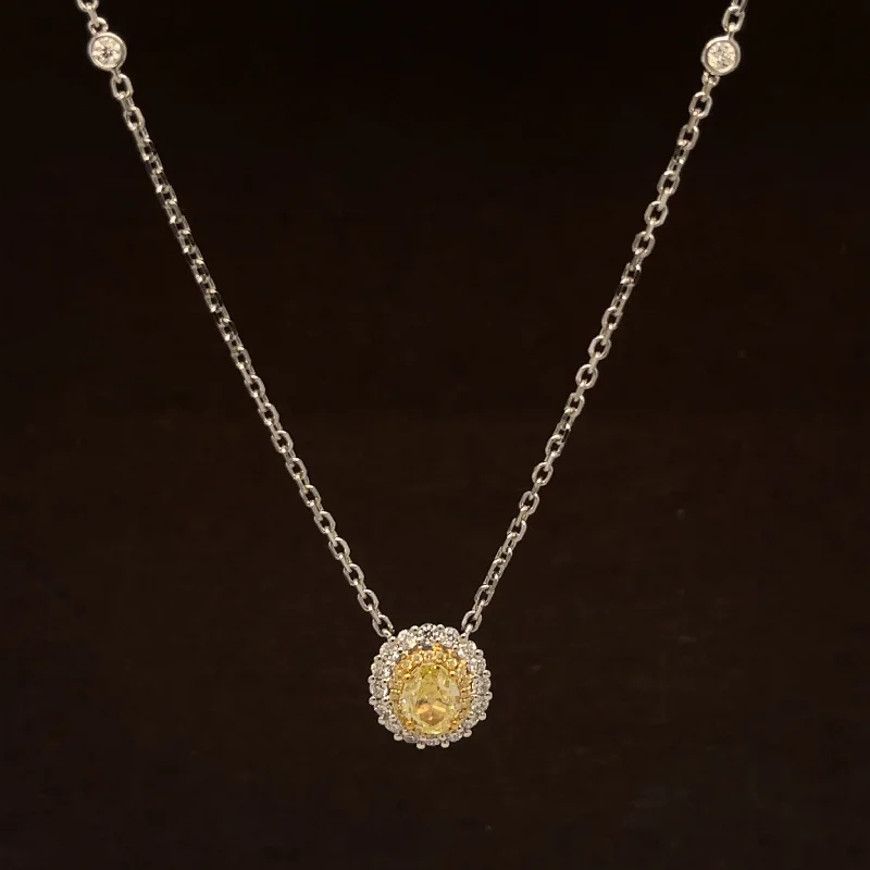 Ladies statement gemstone necklaces-Fancy Yellow & White Diamond 1.20ctw Oval Station Necklace in 18k Two-Tone Gold - #406 - NLDIA068500