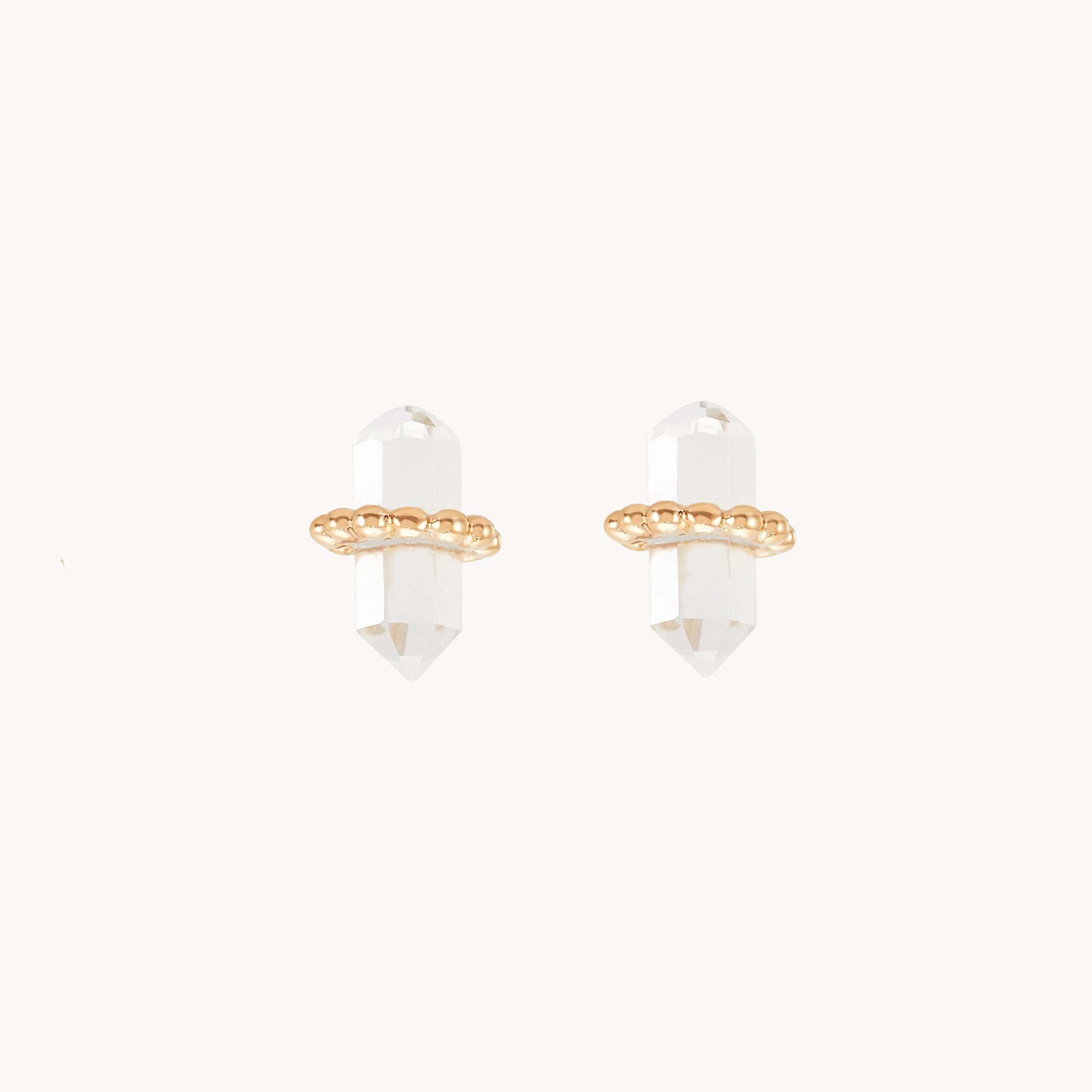 Ladies gold earrings-stepping stone quartz earring - 14k yellow gold, clear quartz