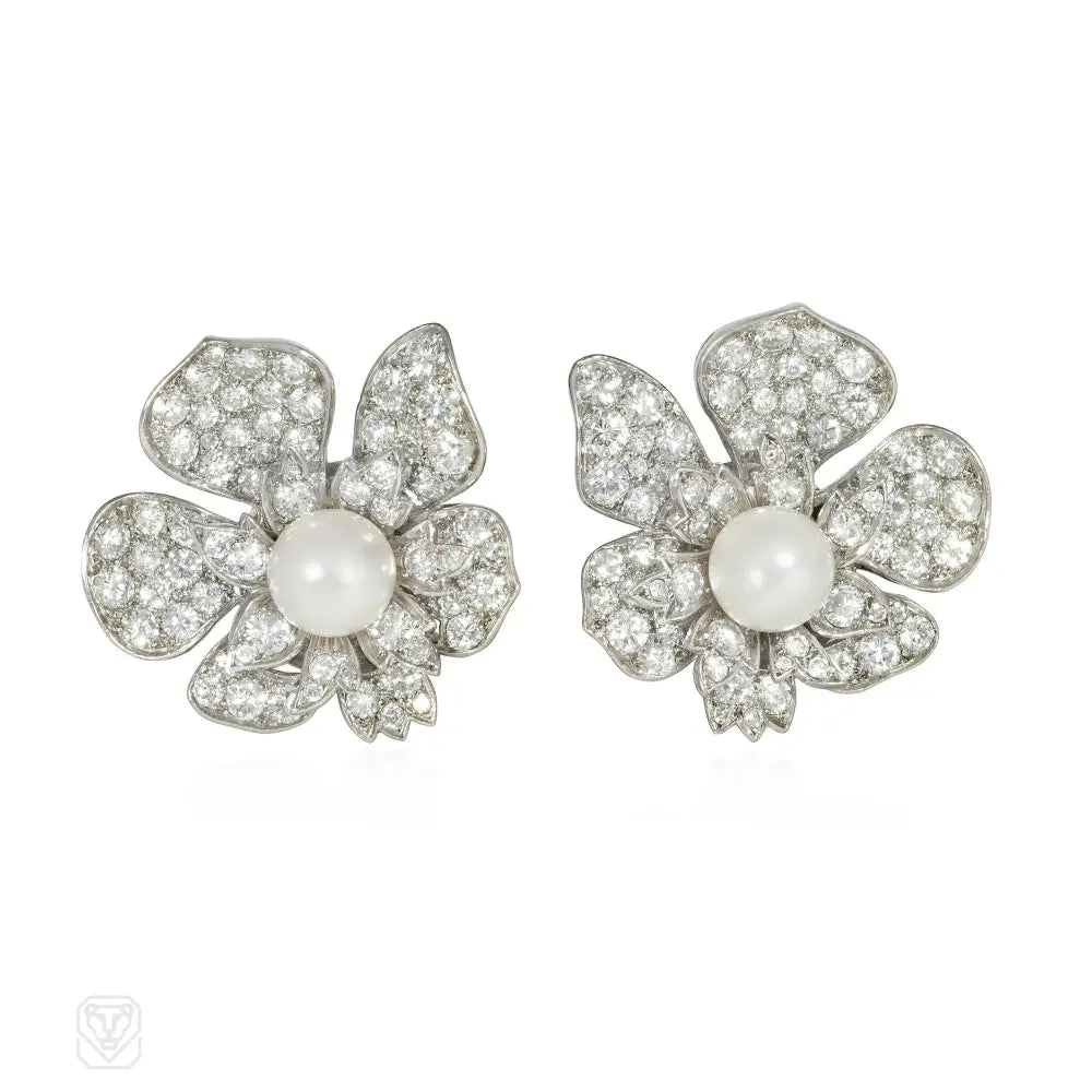 Ladies luxury diamond earrings-Mid-century pearl and diamond flower earrings