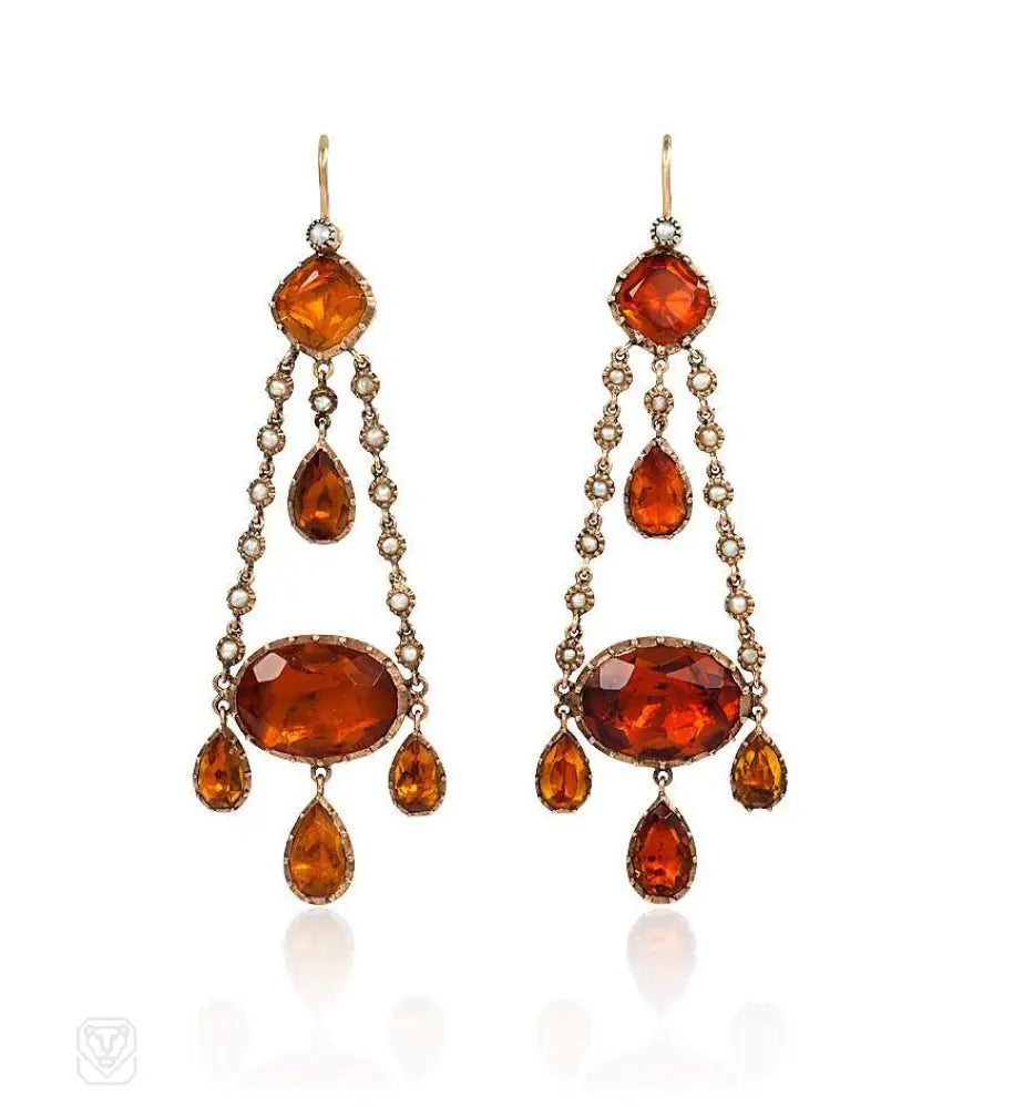 Ladies cubic zirconia earrings-A pair of antique gold chandelier earrings of citrine paste and seed pearl chain