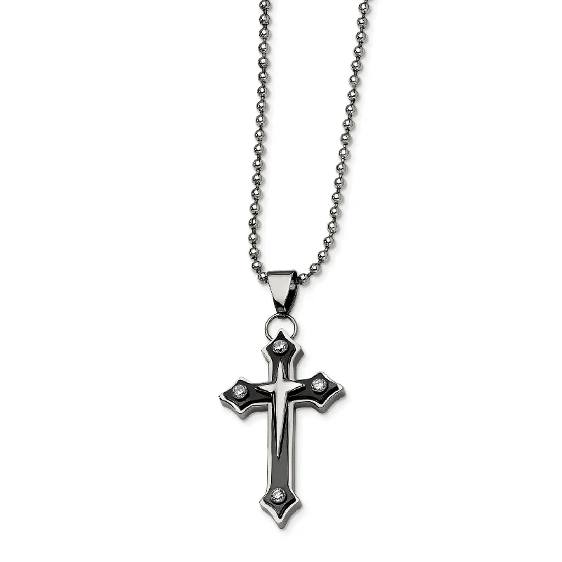 Ladies eternity circle necklaces-Stainless Steel Black IP-plated Cross with CZ Pendant Necklace