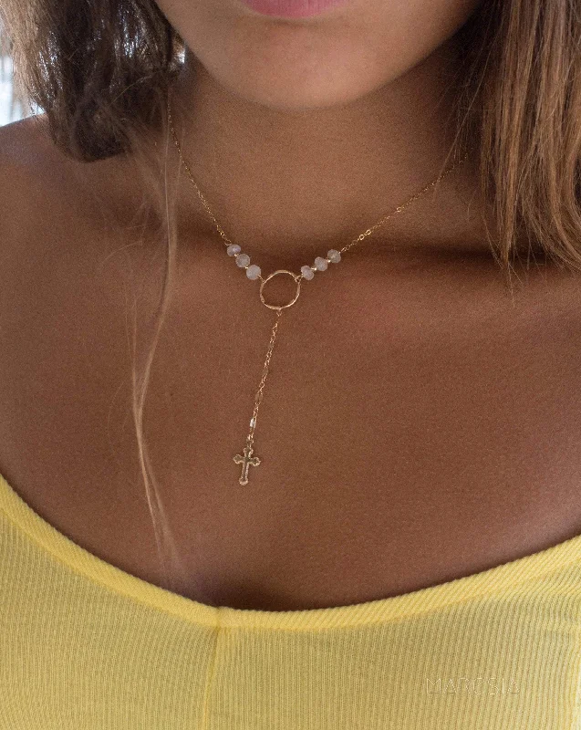 Ladies dainty gold necklaces-Y necklace Moonstone Cross ~ Gold Filled ~ MN027