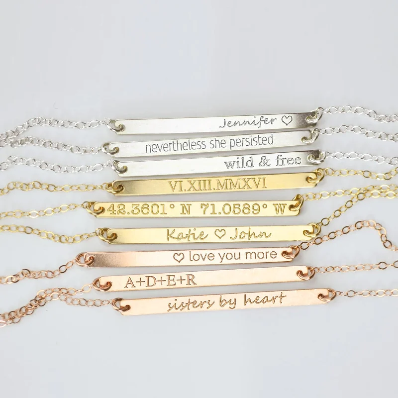 Ladies birthstone pendant necklaces-Skinny Bar Necklace, Personalized with Name, Date, or Coordinates