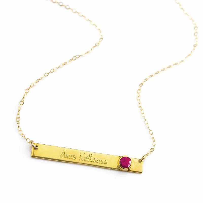 Ladies personalized necklaces-July Custom Bar Necklace with Bezel Birthstone