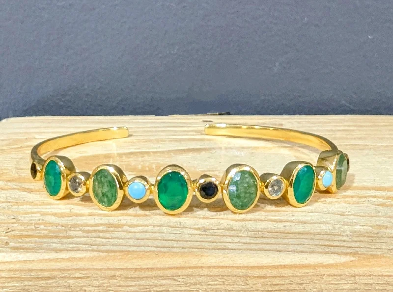 Ladies enamel bracelets-18ct Gold Vermeil and Mixed Green Gemstone Cuff Bangle