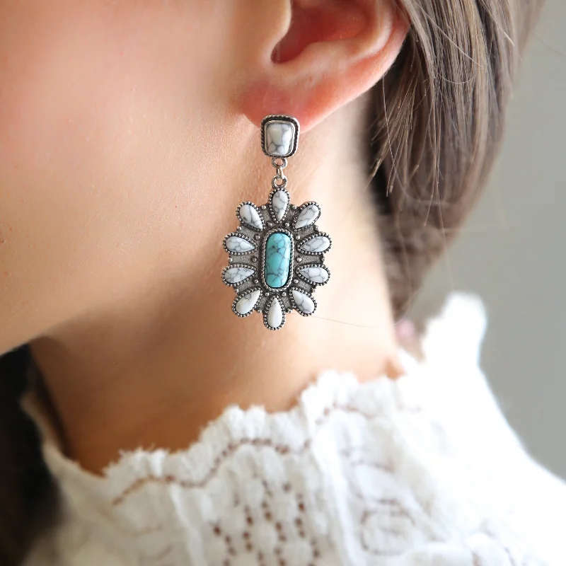 Ladies silver diamond earrings-BEAU - Turquoise Blossom Western Earring